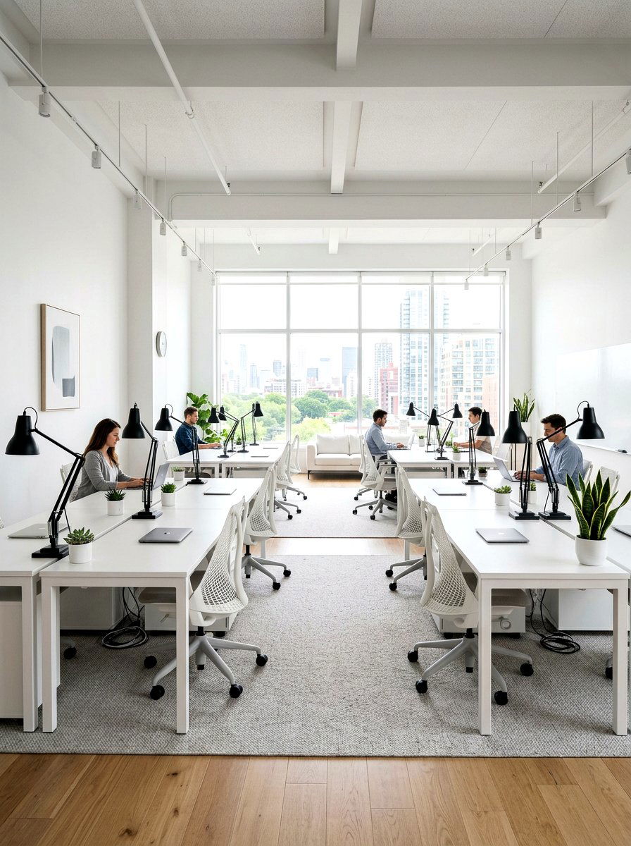 Minimalist white shared workspace - 30 double desk office ideas