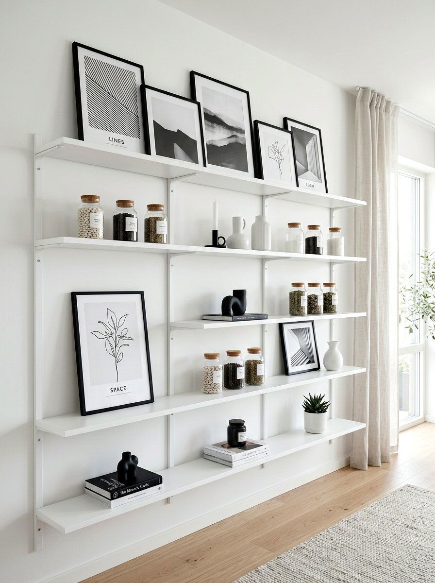 Minimalist white shelves - 30 office shelving styling ideas