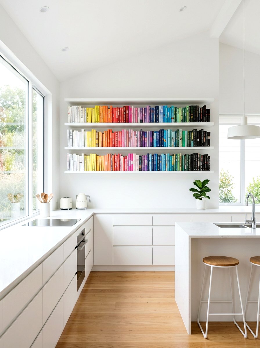 Minimalist white shelving - 30 book shelf kitchen ideas