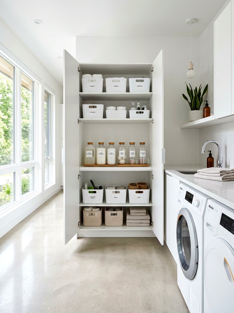 Minimalist white storage cabinet - 30 green cleaning station ideas
