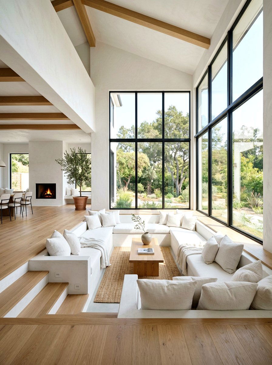 Minimalist white sunken living area - 30 sunken conversation pit ideas