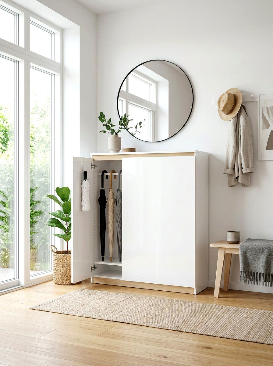 Minimalist white umbrella organizer - 30 umbrella cabinet ideas