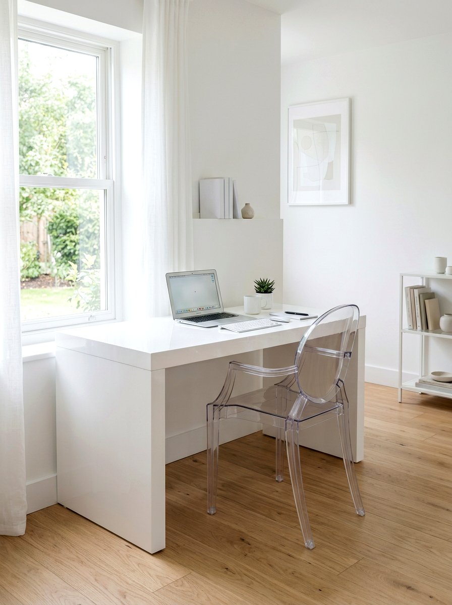 Minimalist white workspace - 30 feminine home studio ideas
