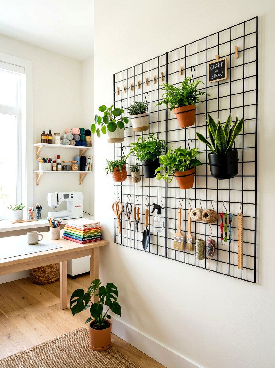 Minimalist wire grid plant display - 30 indoor plant wall ideas