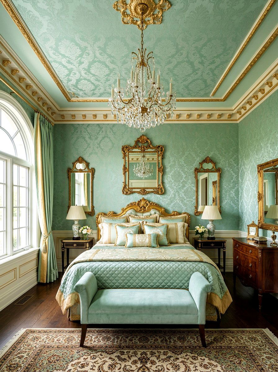 Mint Green Damask - 30 ceiling wallpaper bedroom ideas