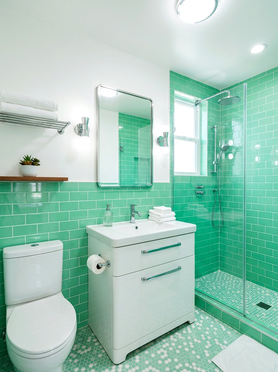 Mint Green Glossy Tile Bathroom - 30 half tiled bathroom ideas