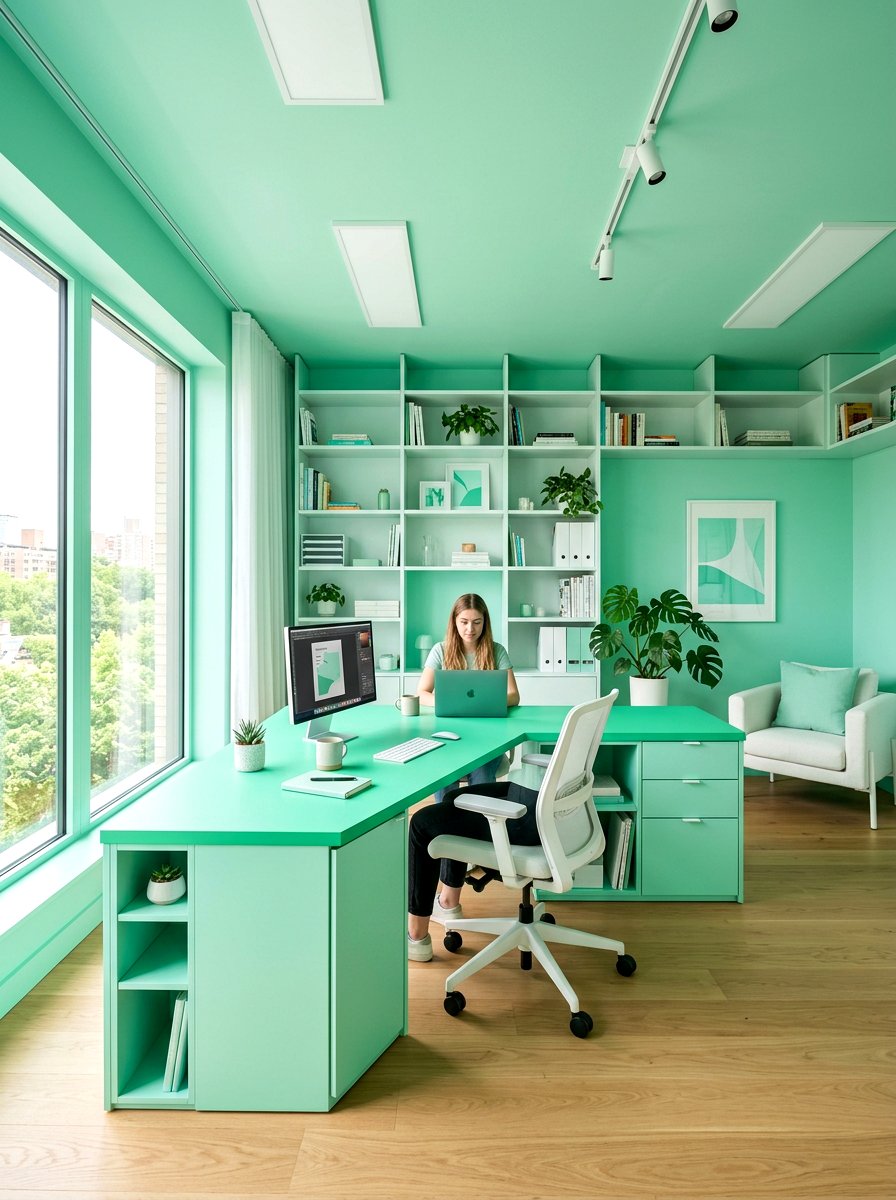 Mint Green Office - 30 color drenched office ideas