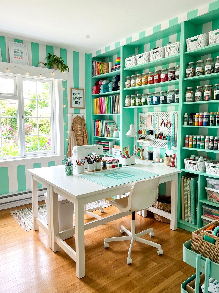 Mint Green Stripe Craft Room - 30 stripe drench room ideas