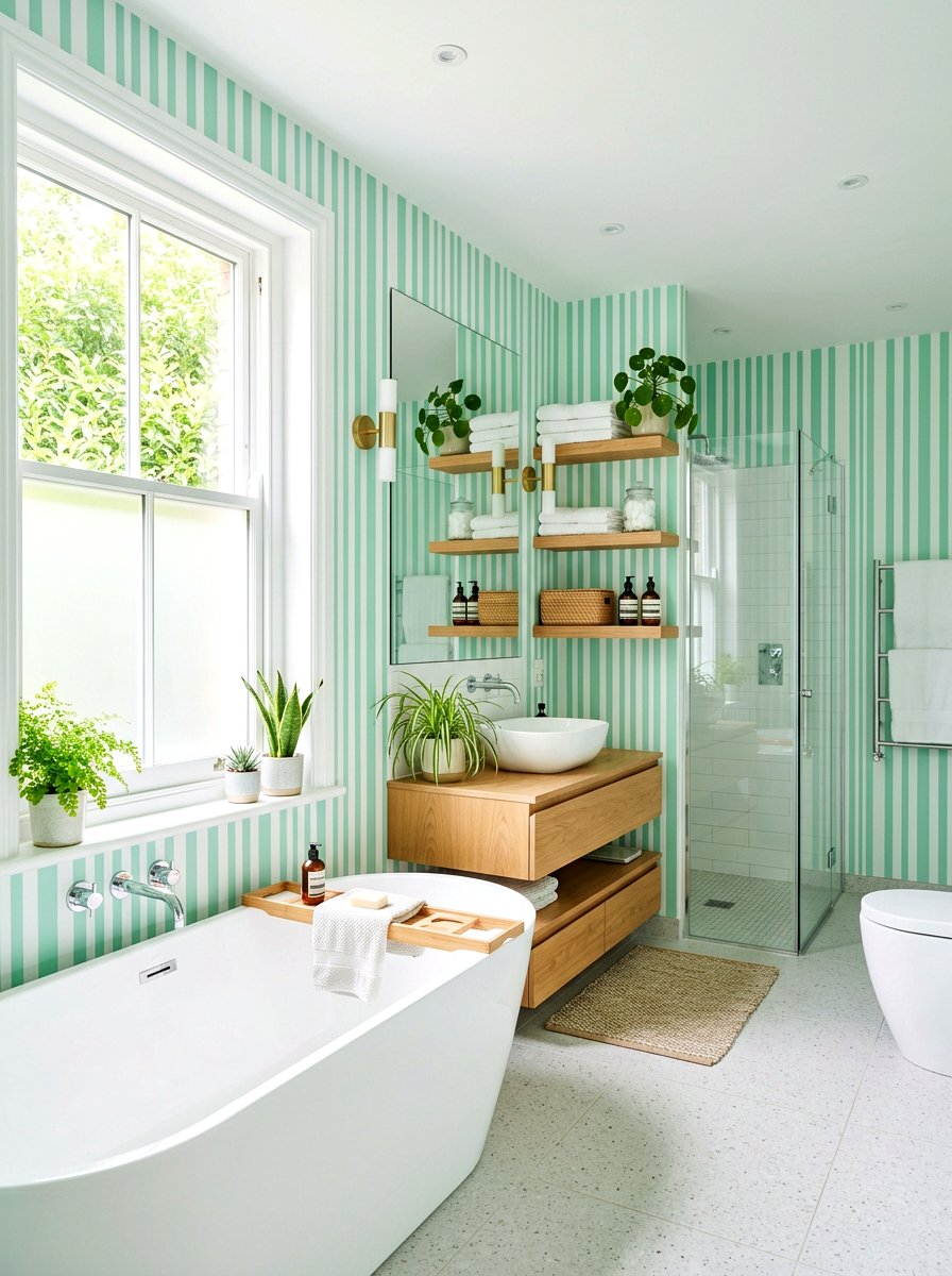 Mint Green Striped Bathroom - 30 striped bathroom wallpaper ideas
