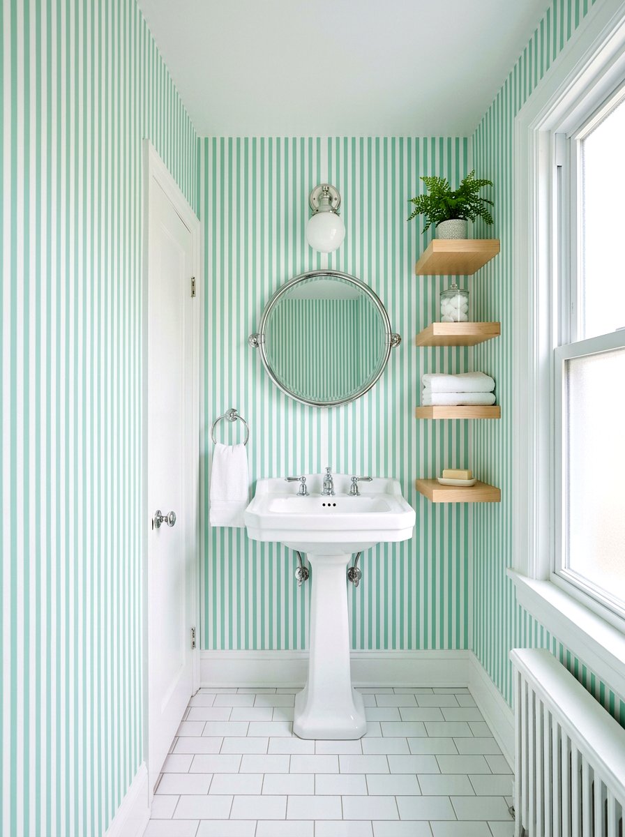 Mint Green Thin Stripe Powder Room - 30 stripe powder bath ideas