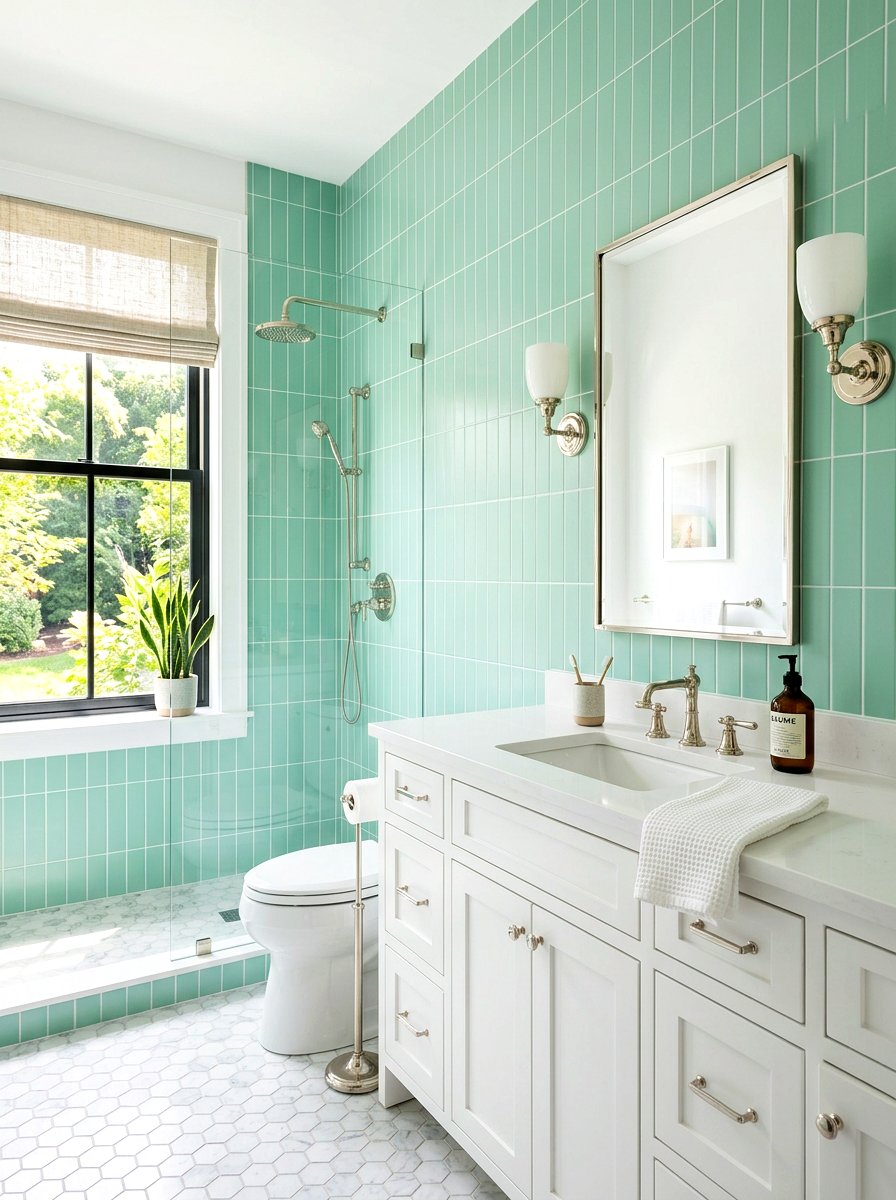 Mint Green Vertical Tile Bathroom - 30 stacked tile bathroom ideas