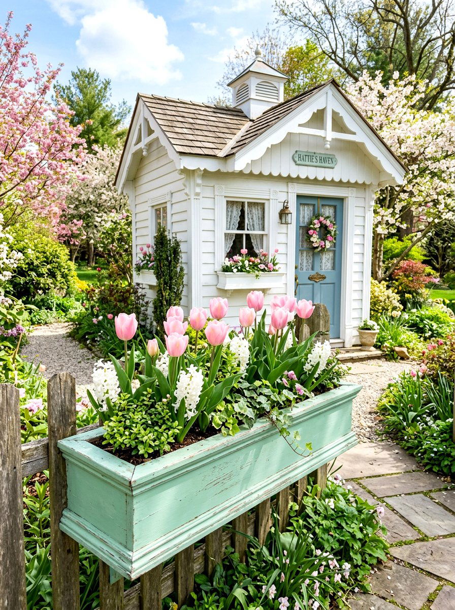 Mint Green Wood Box - 30 shed flower box ideas