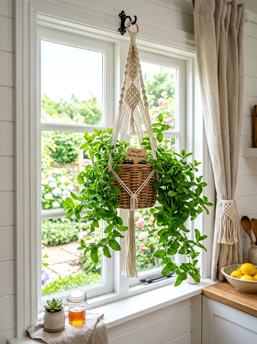 Mint Plant In Hanging Window Basket - 30 windowsill vegetable garden ideas
