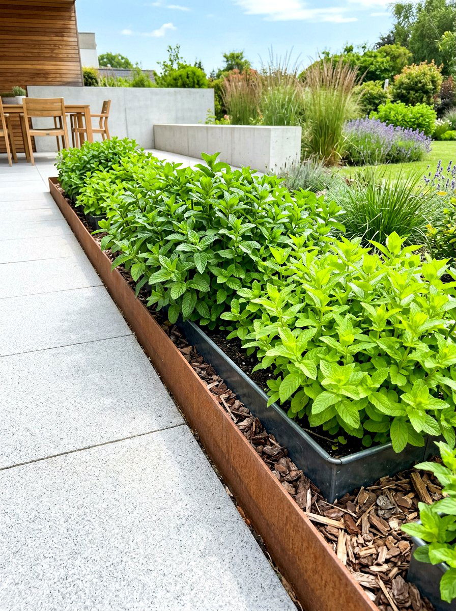 Mint containment border - 30 herb patio border ideas