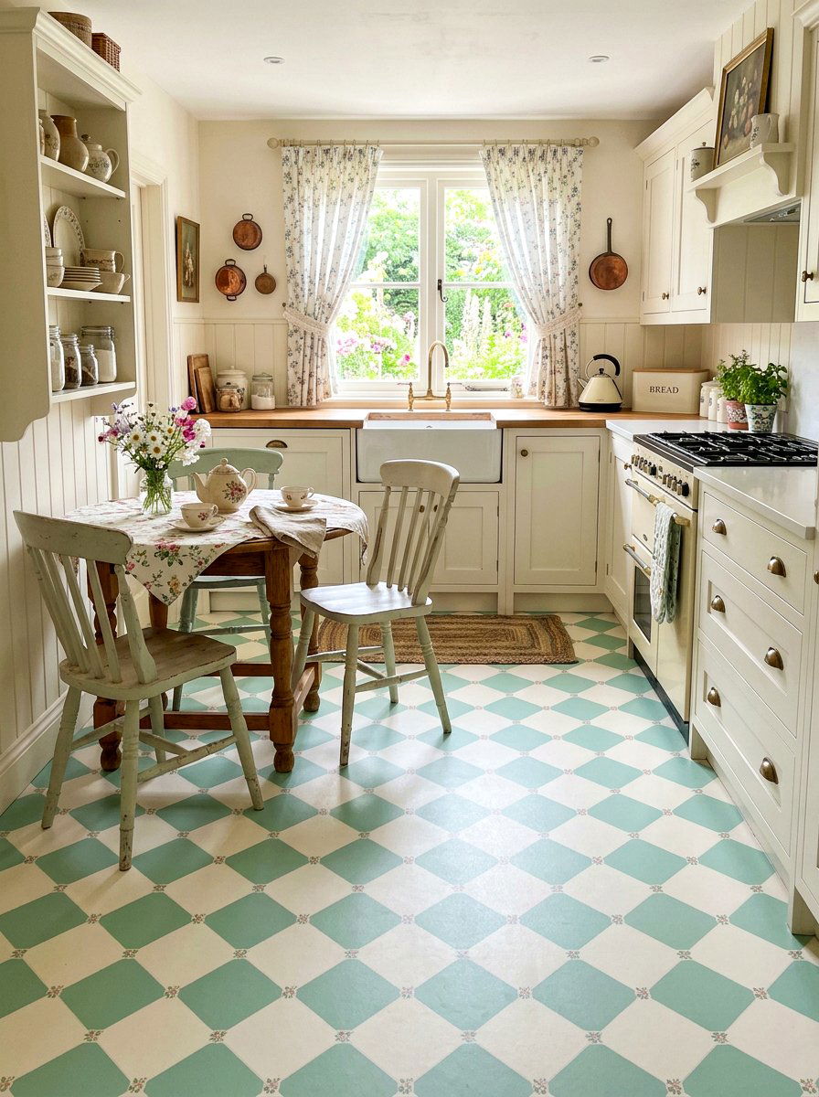 Mint green and white vinyl - 30 peel and stick checkerboard floor ideas