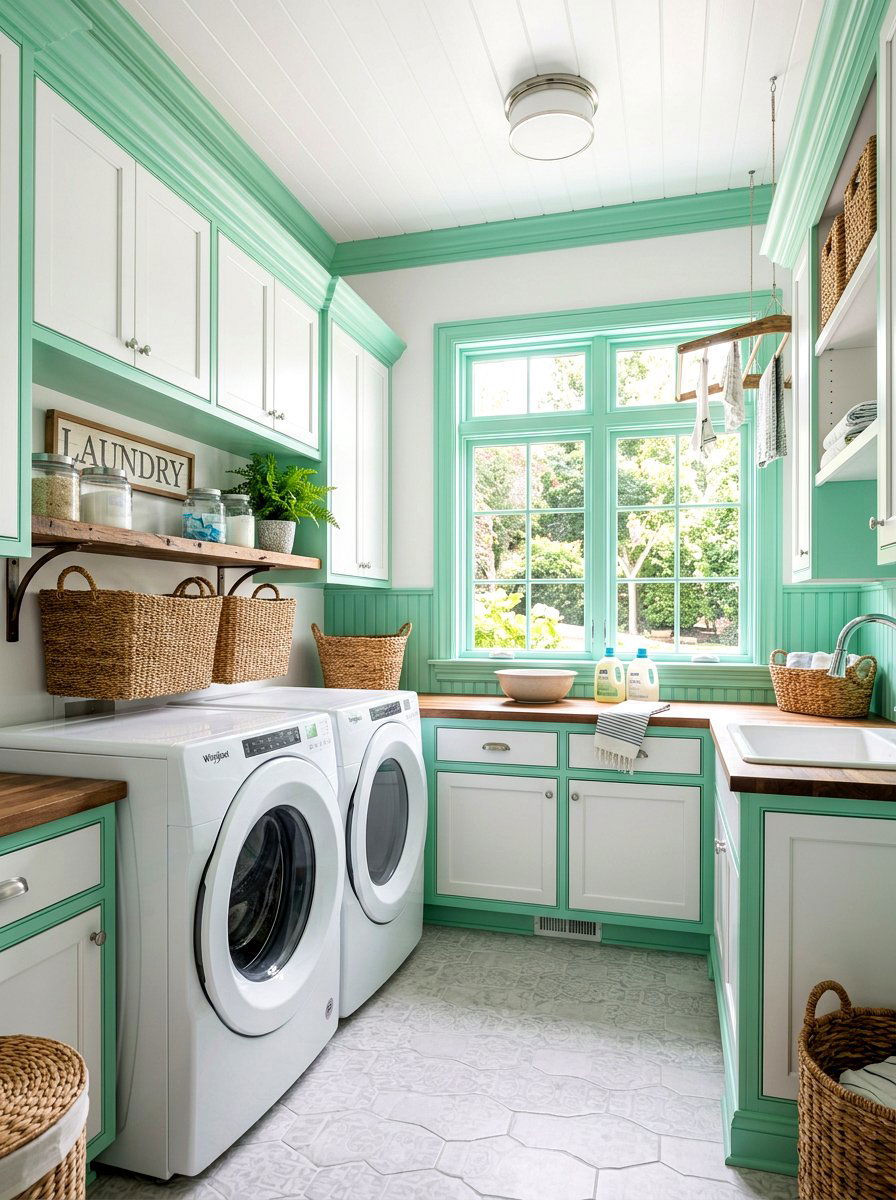 Mint green laundry room trim - 30 painted trim room ideas