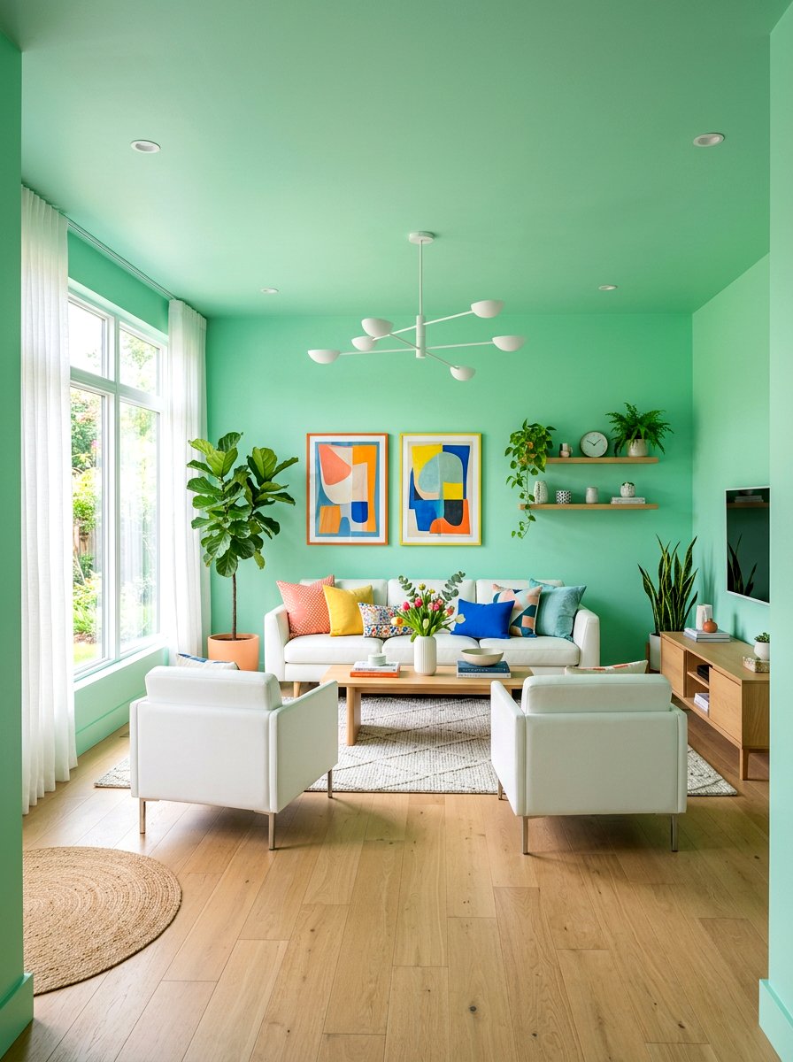 Mint green living room - 30 color drench living room ideas