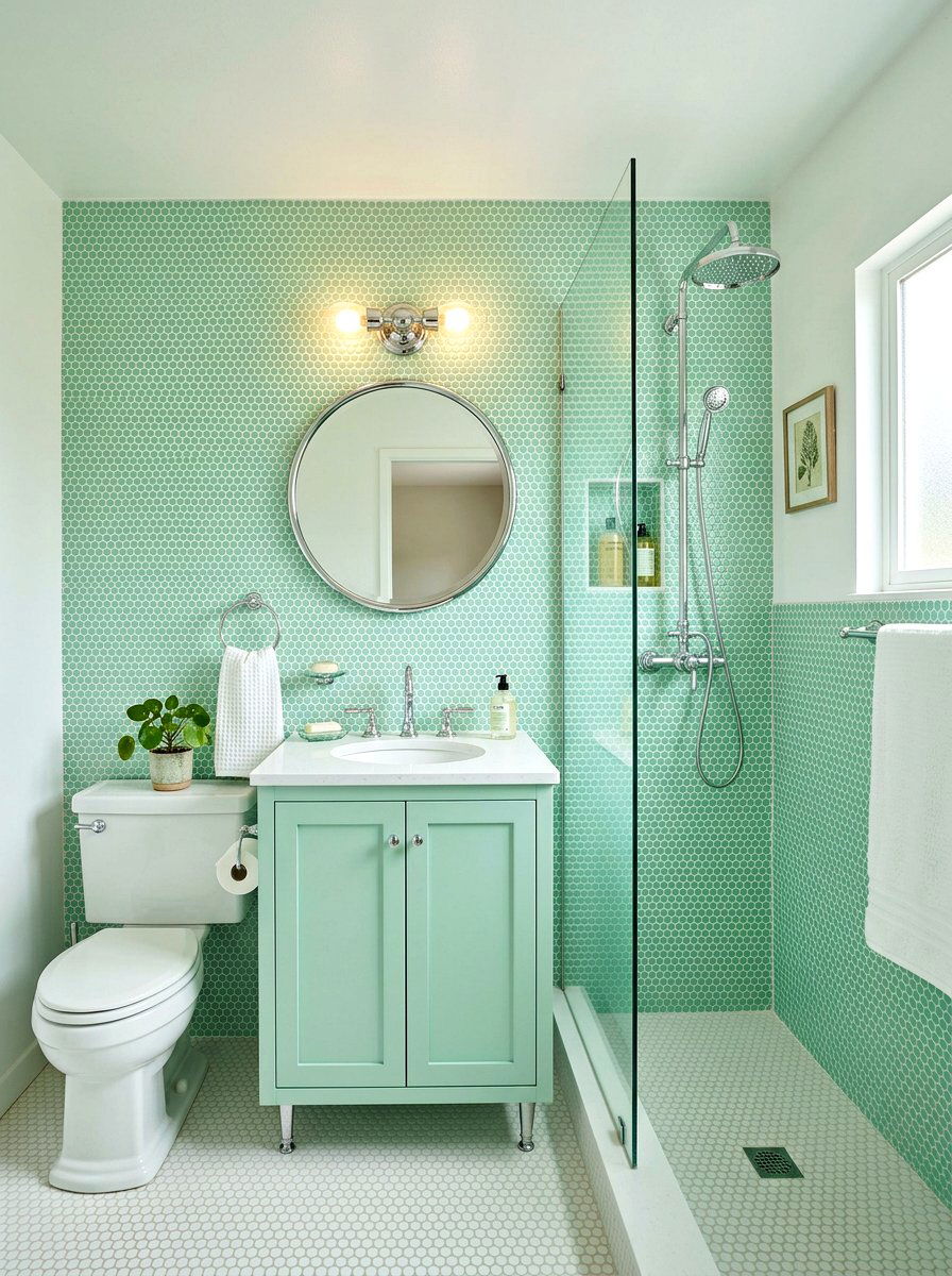 Mint green penny tile - 30 penny tile bathroom ideas