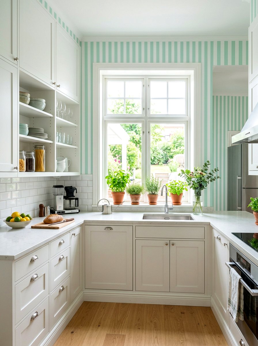 Mint green vertical striped kitchen - 30 striped kitchen wallpaper ideas