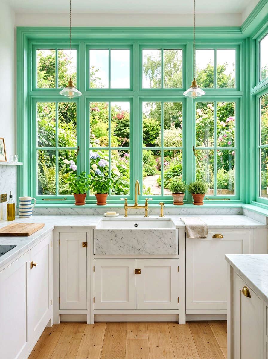 Mint window frames kitchen - 30 mint kitchen ideas