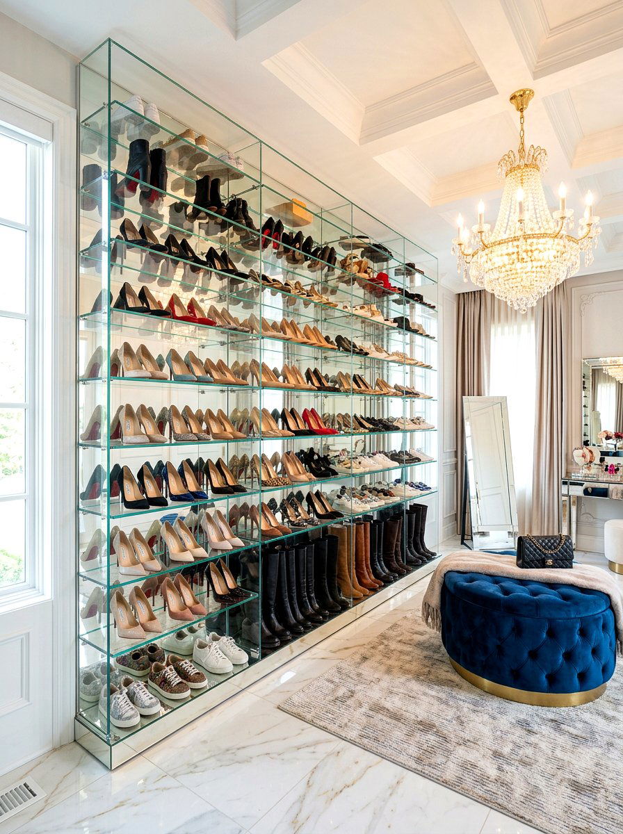 Mirror Backed Shoe Shelves - 30 apartment shoe wall ideas