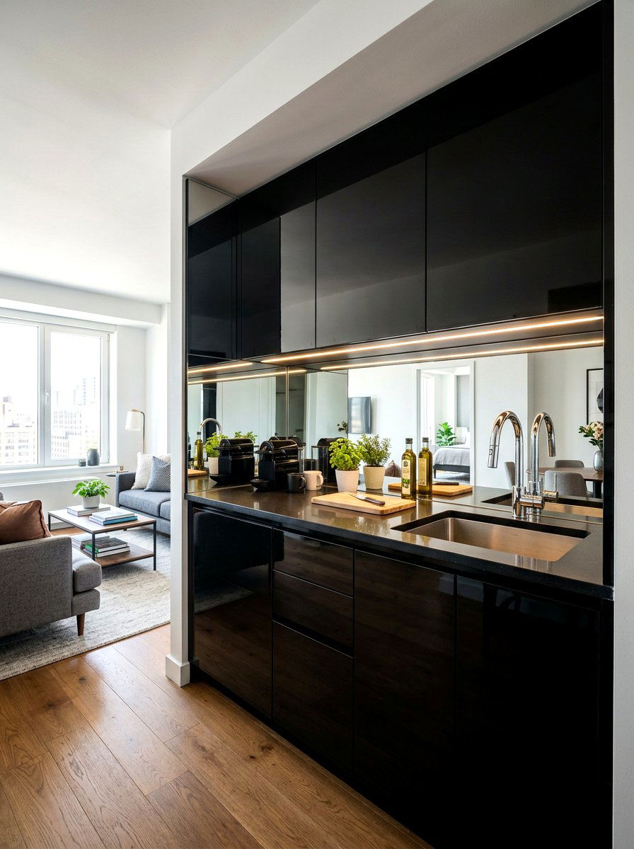 Mirror Backsplash Kitchenette - 30 studio kitchenette ideas