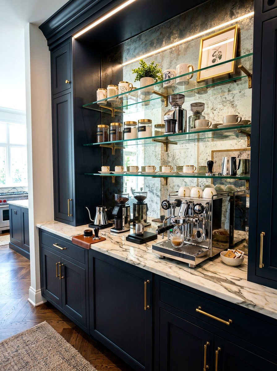 Mirror back coffee station - 30 coffee pantry wall ideas