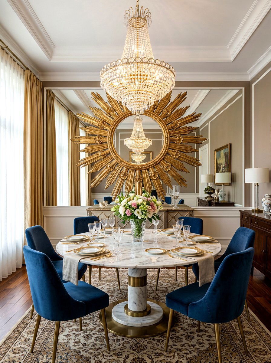 Mirror focal dining room - 30 art filled dining room ideas