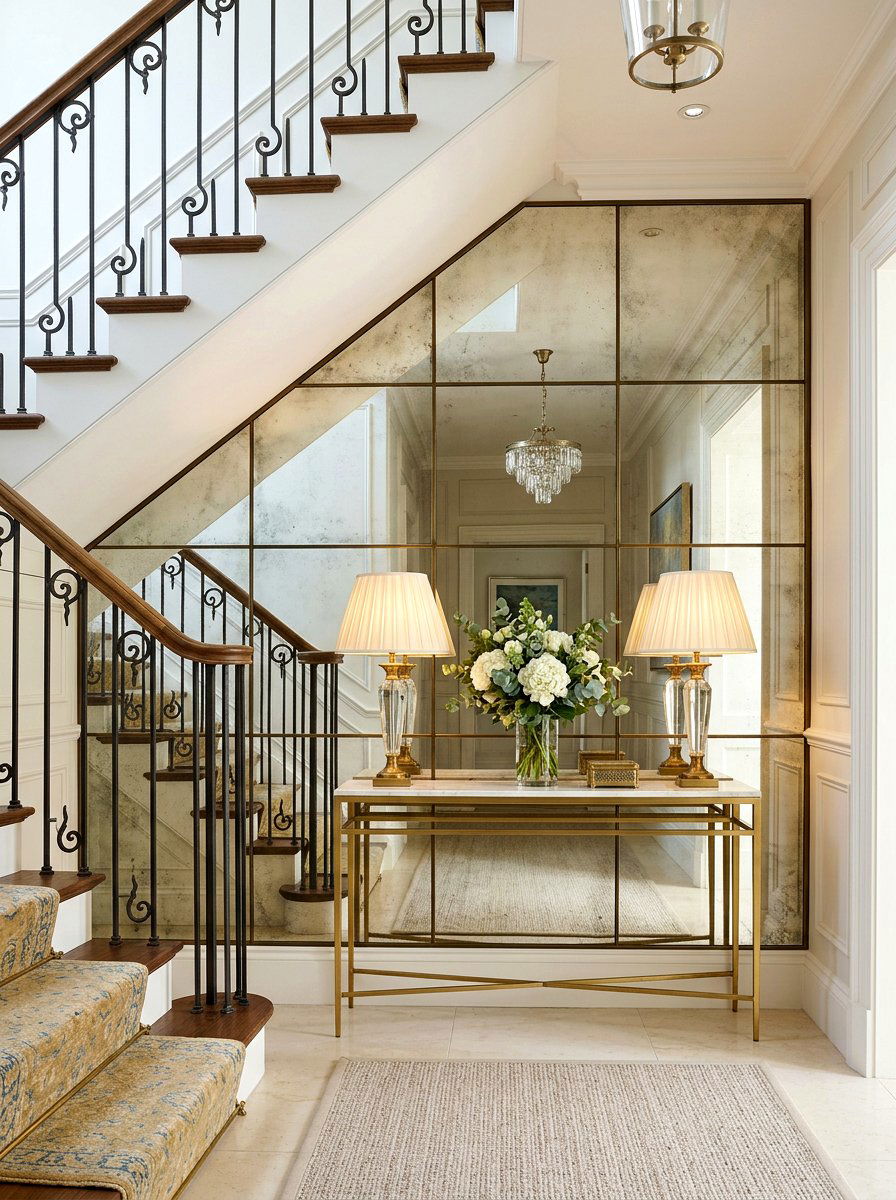 Mirror wall under stairs - 30 stair nook decor ideas