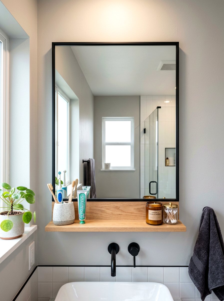 Mirror with integrated shelf - 30 renter safe bathroom shelf ideas