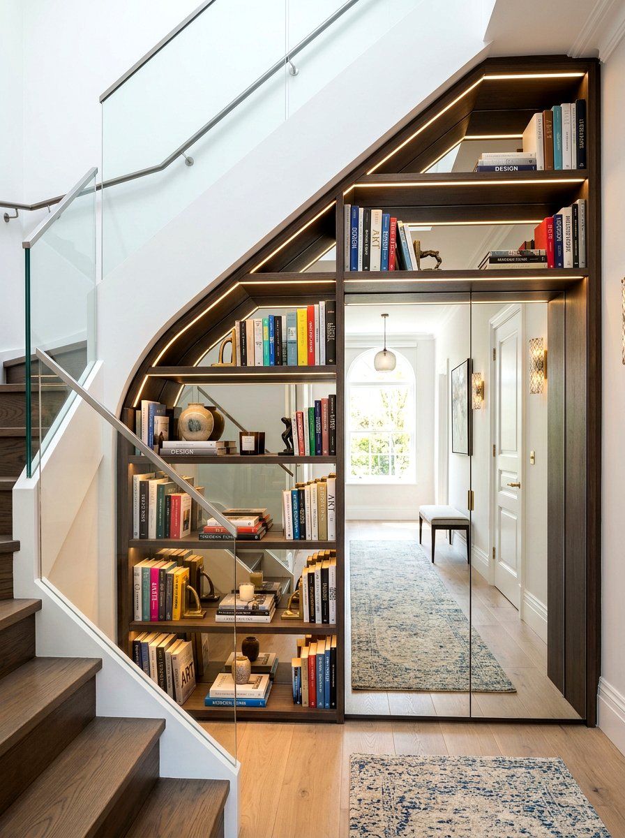 Mirrored Back Panel Under Staircase Bookshelves - 30 under staircase bookshelf ideas