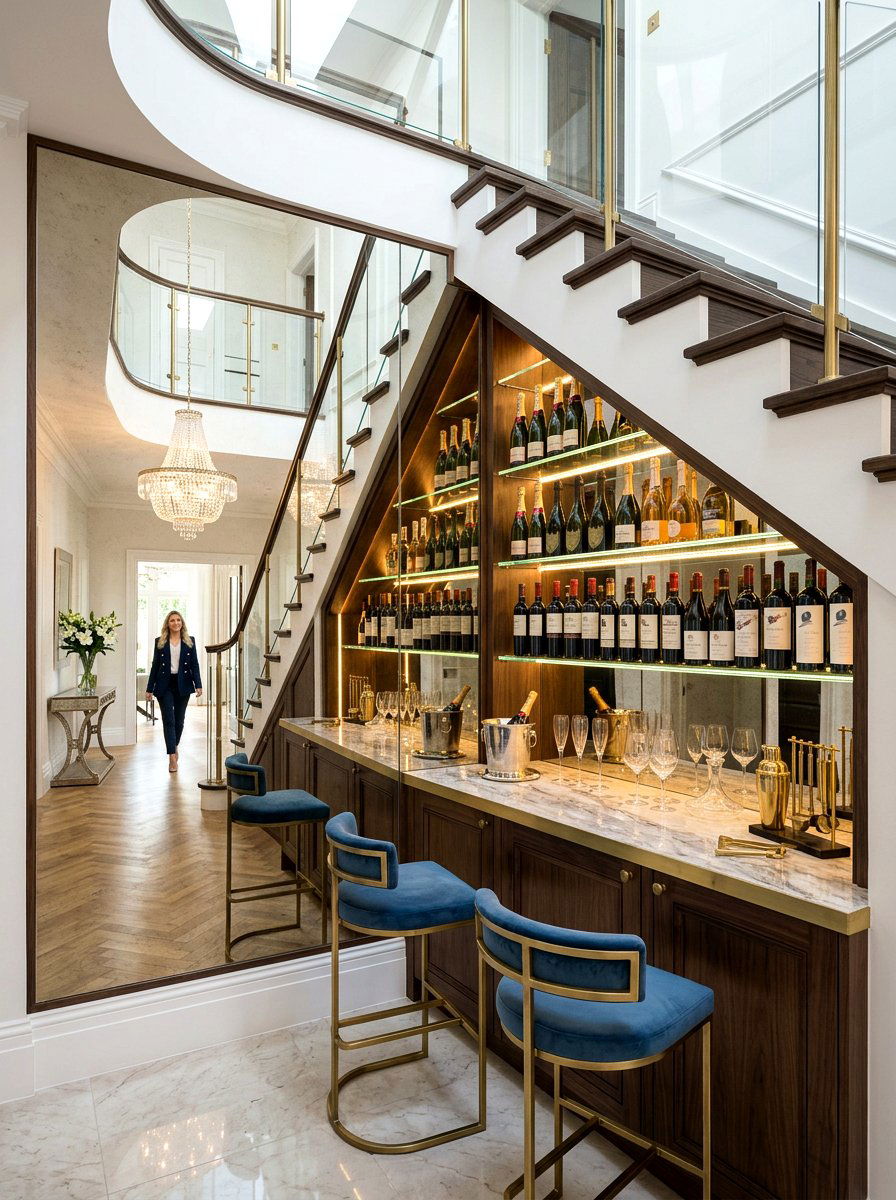 Mirrored Back Wine Bar - 30 under stairs wine nook ideas