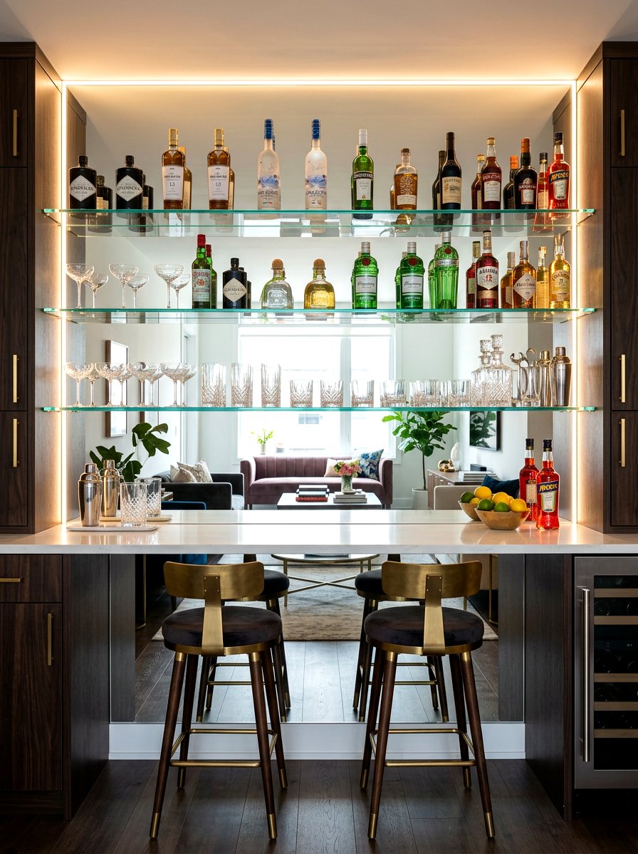 Mirrored Backsplash Bar - 30 beverage pantry ideas aesthetic