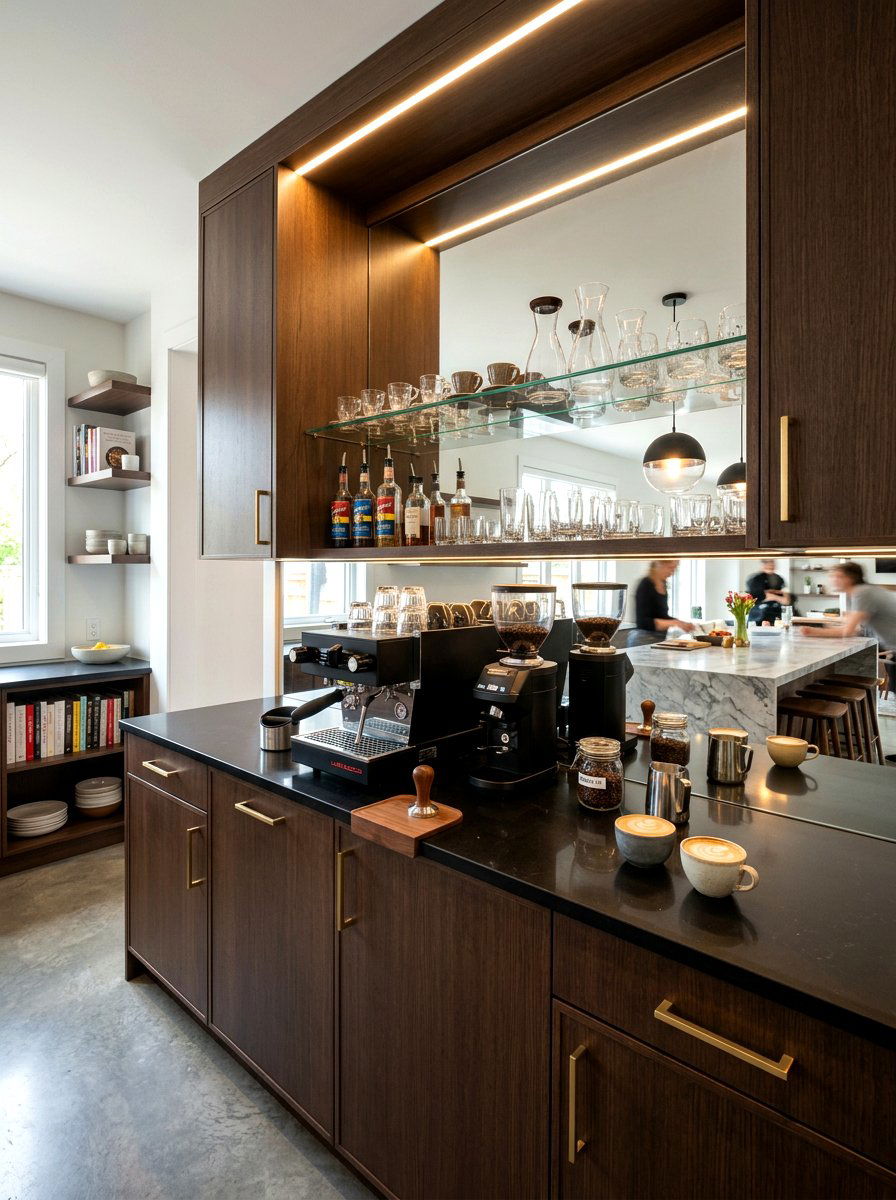Mirrored Backsplash Coffee Bar - 30 home cafe ideas
