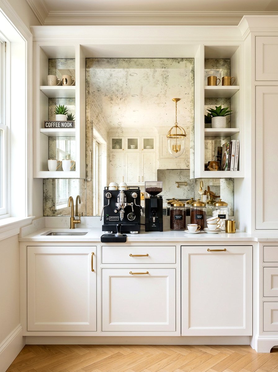 Mirrored Backsplash Coffee Nook - 30 espresso nook kitchen ideas