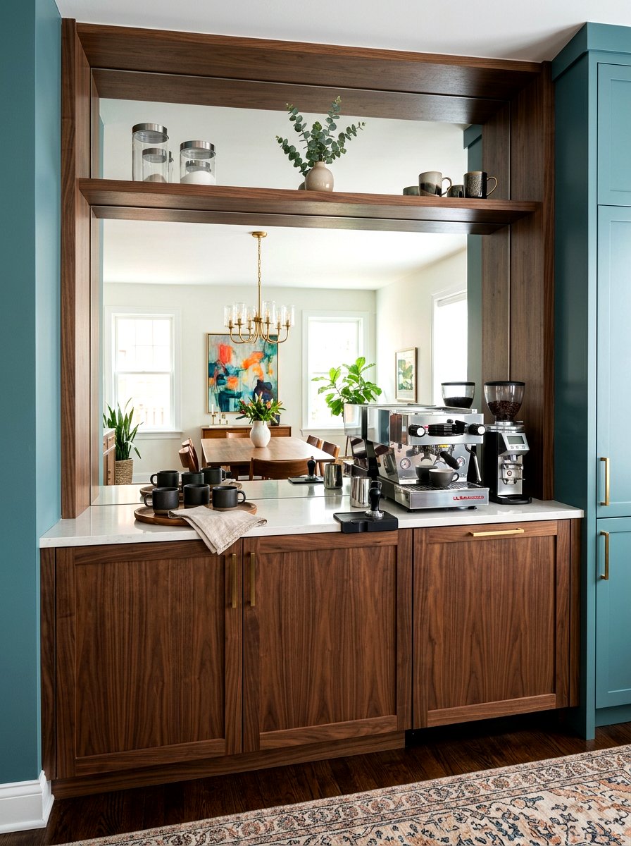 Mirrored Backsplash Coffee Nook - 30 aesthetic home cafe setup ideas