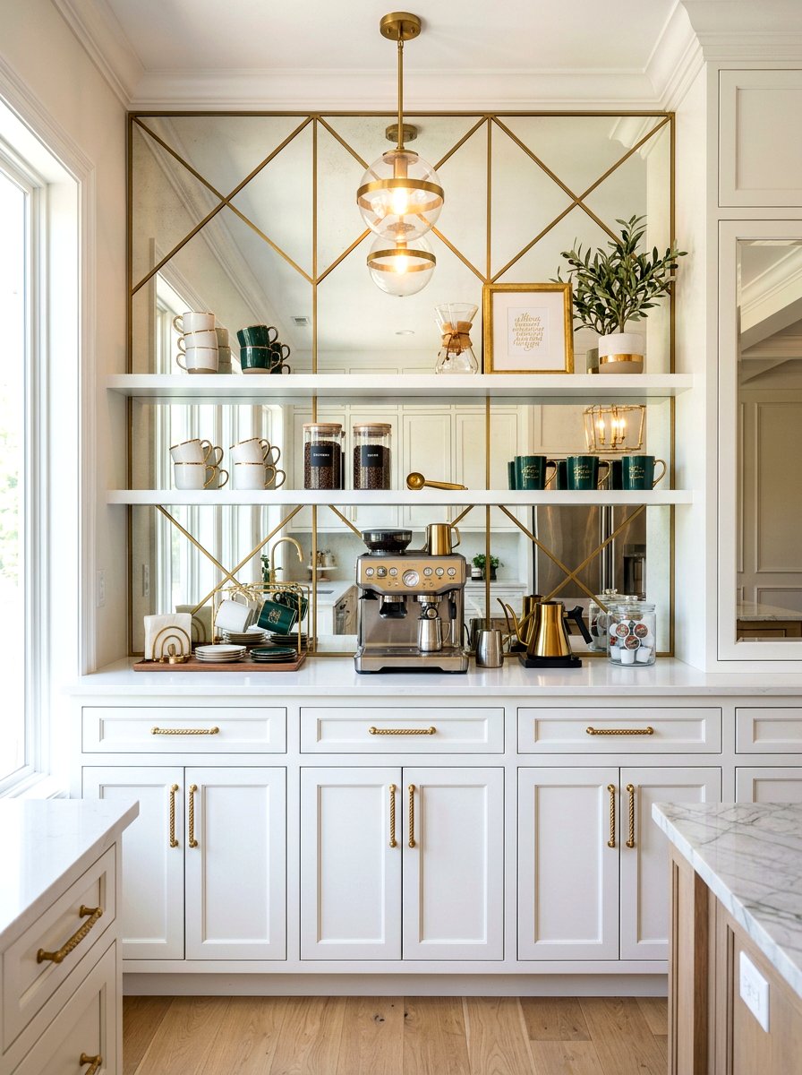 Mirrored Backsplash Coffee Station - 30 kitchen beverage center ideas