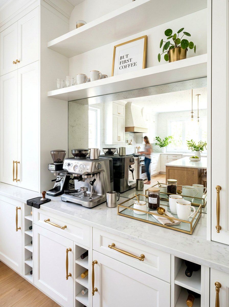 Mirrored Backsplash Coffee Station - 30 coffee nook pantry ideas