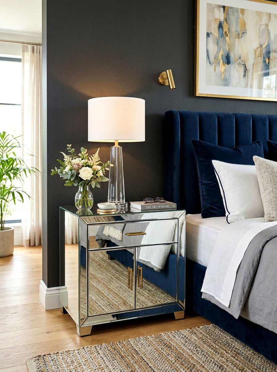 Mirrored Bedside Table - 30 romantic hotel bedroom ideas