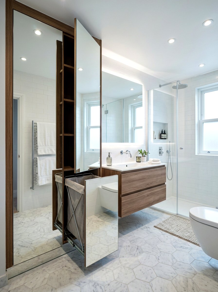 Mirrored Cabinet Hidden Hamper - 30 hidden hamper ideas