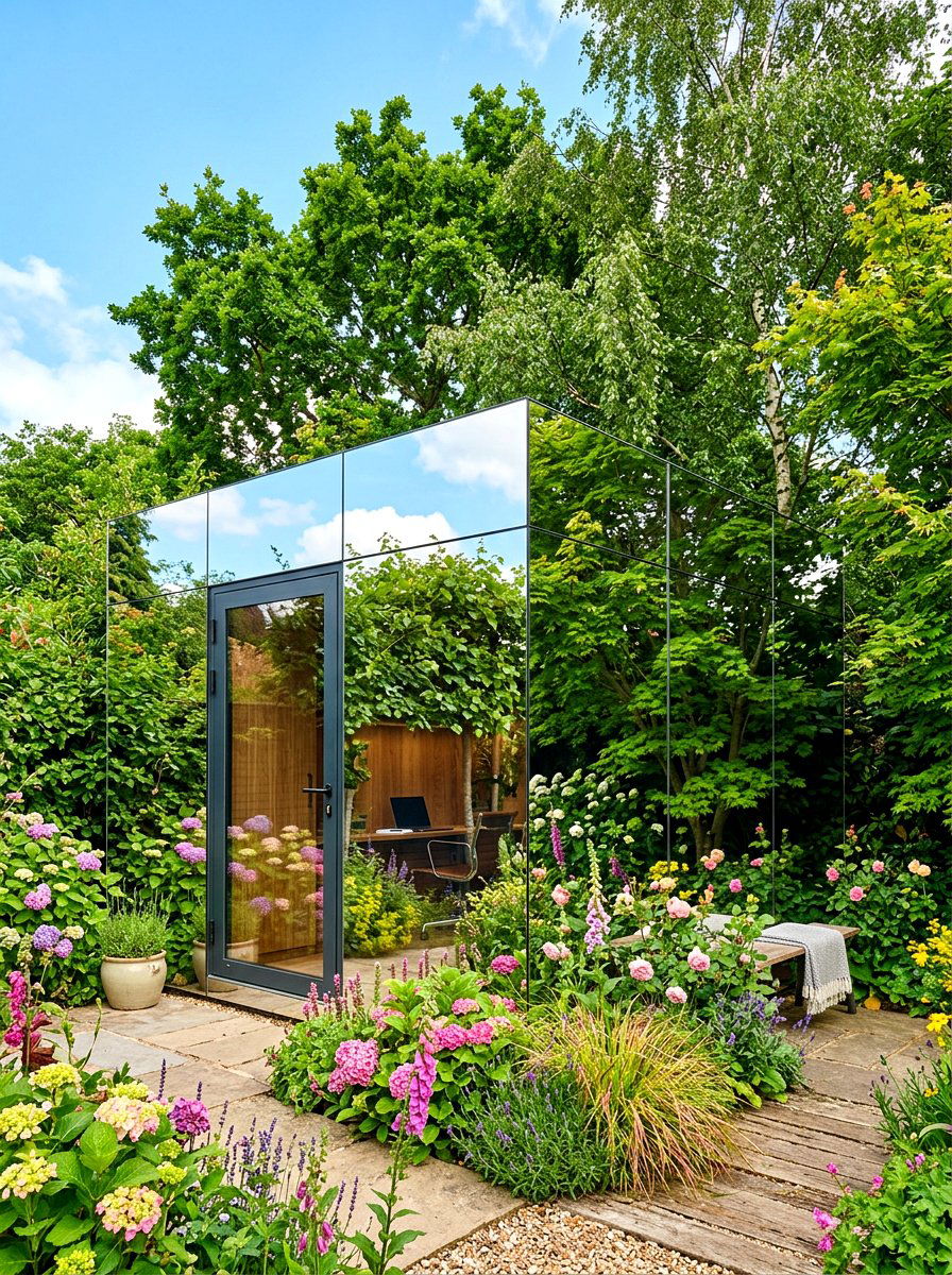 Mirrored Exterior Office Shed - 30 office shed garden ideas