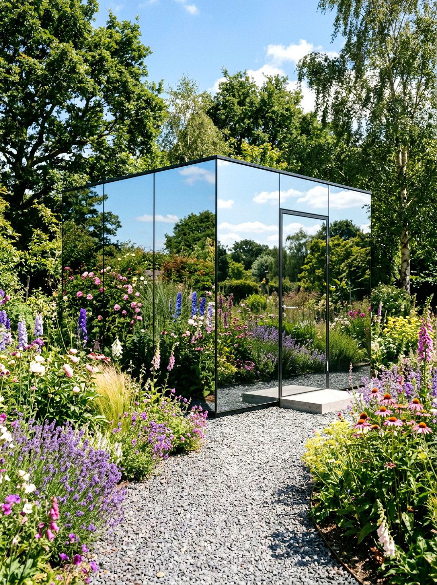 Mirrored Exterior Shed - 30 garden studio shed ideas