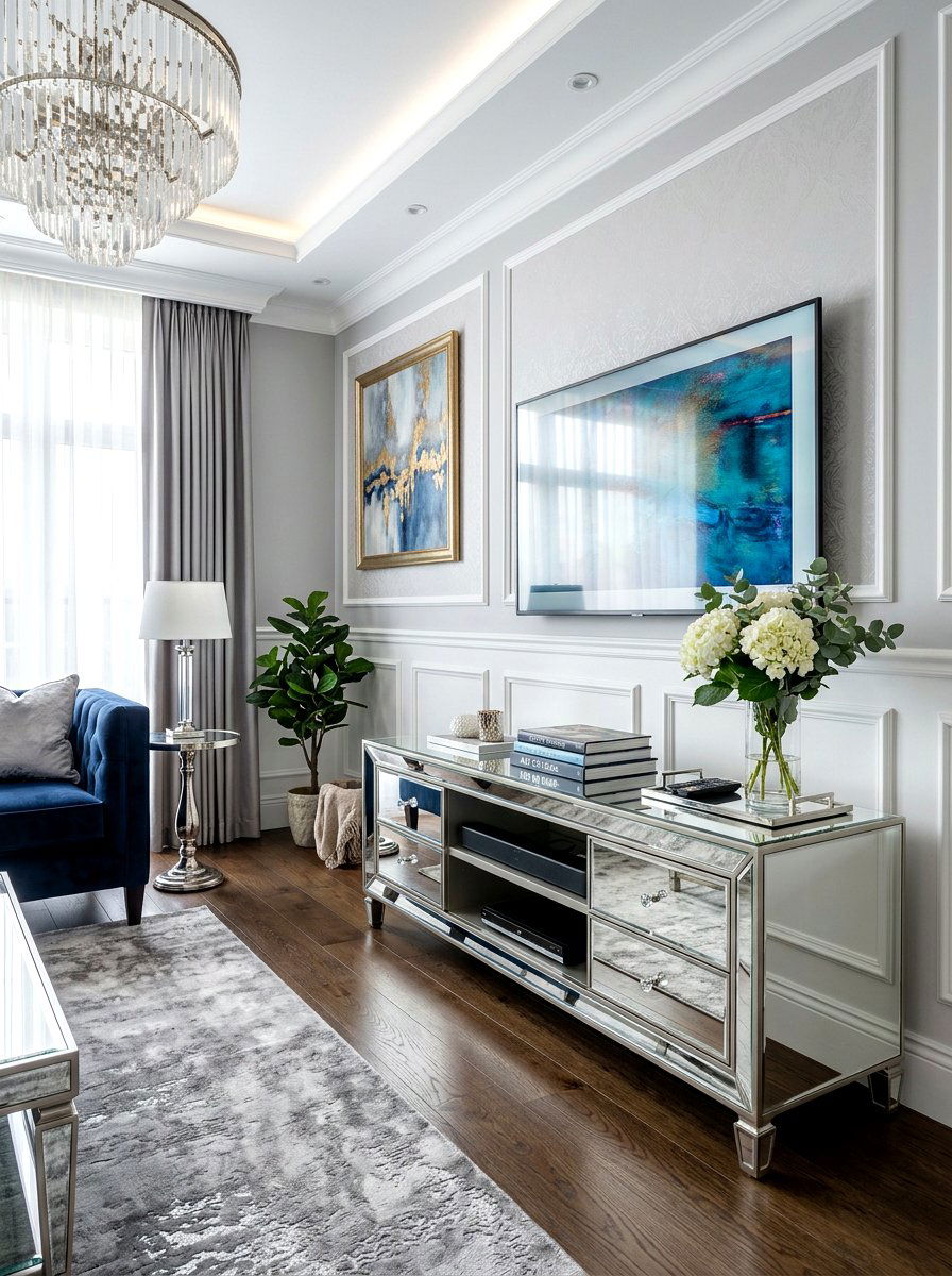 Mirrored Glass Media Console - 30 TV over console ideas