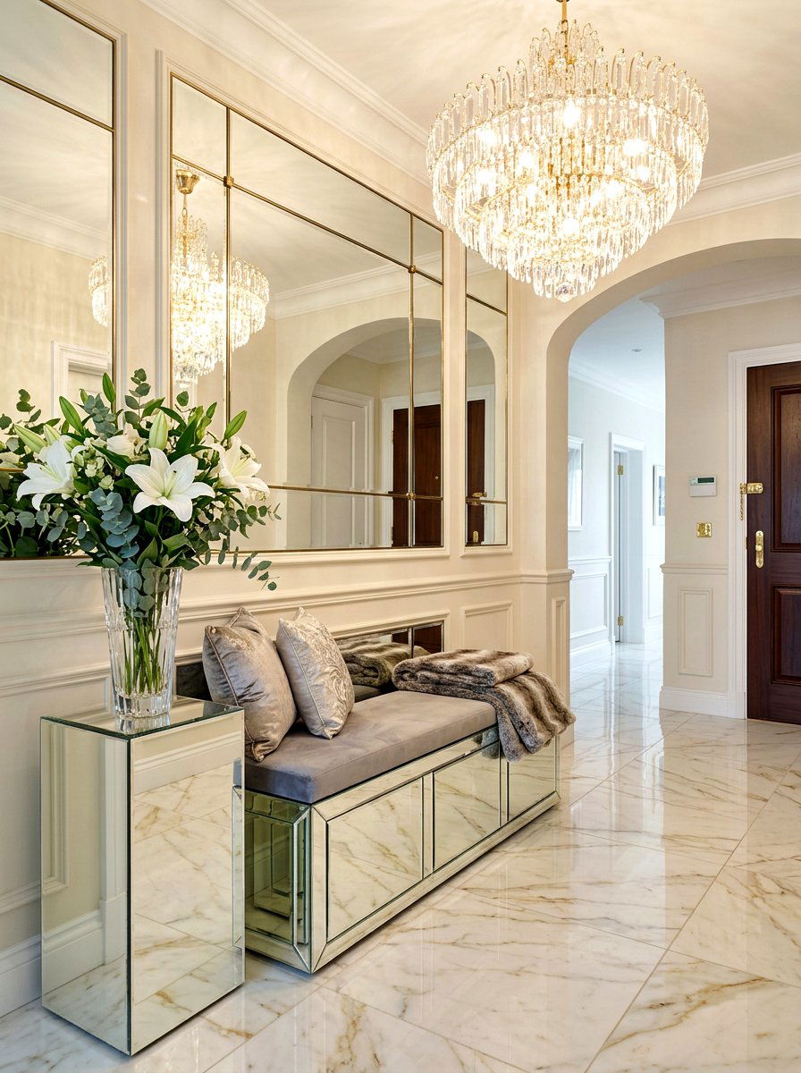 Mirrored Hallway Bench - 30 apartment entry bench ideas