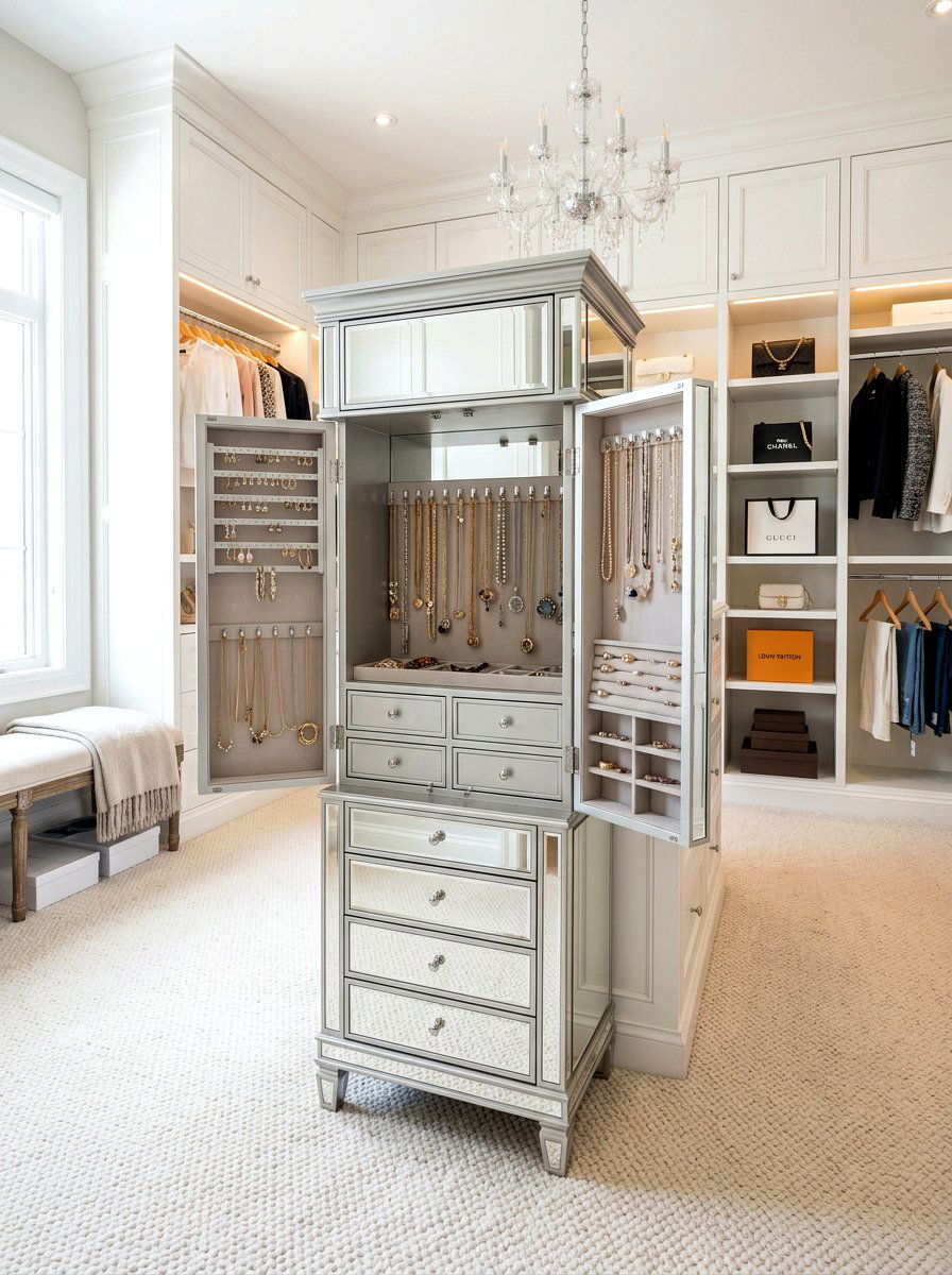 Mirrored Jewelry Armoire - 30 jewelry storage ideas
