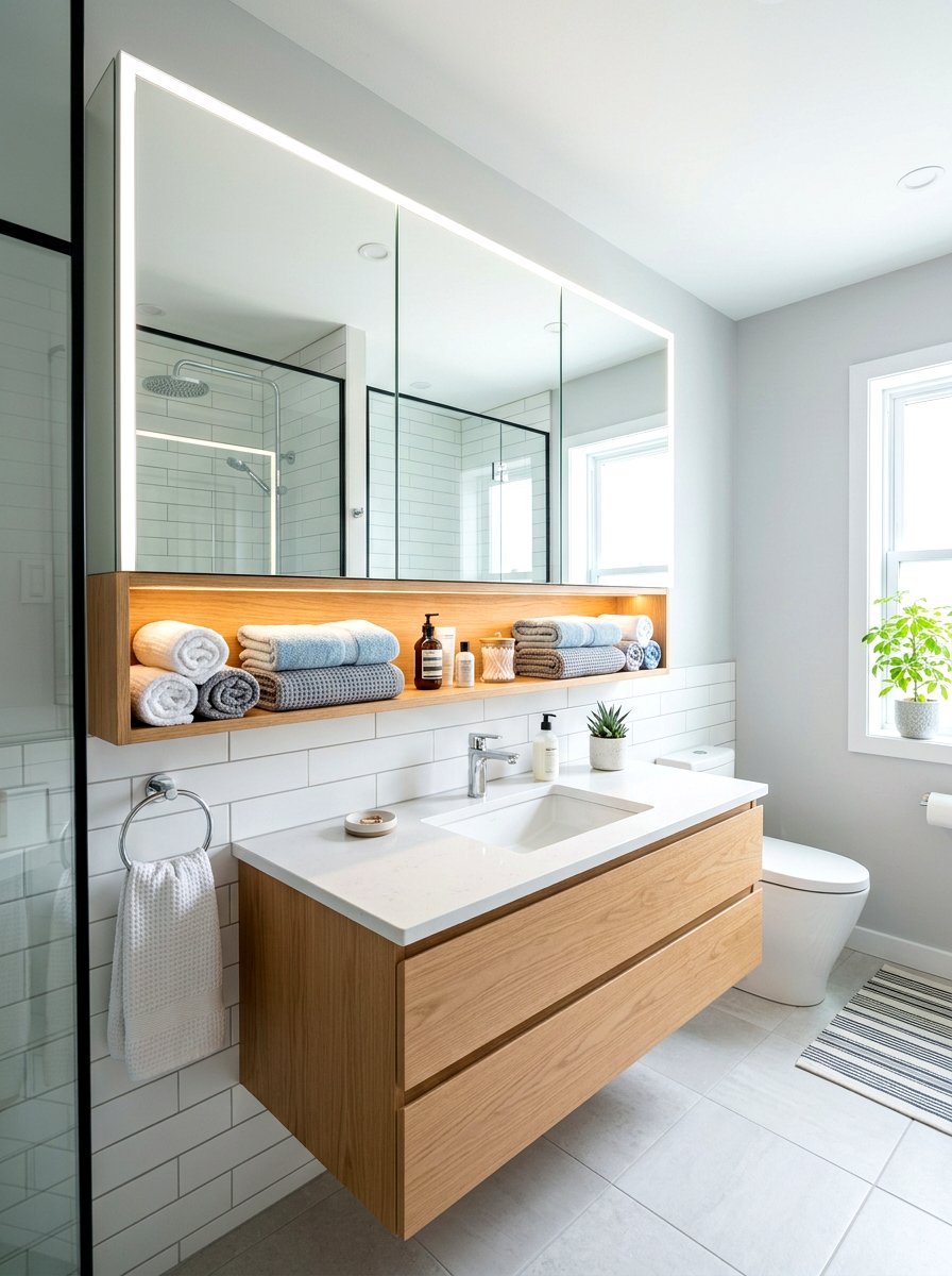 Mirrored Medicine Cabinet Shelves - 30 bathroom linen shelf ideas