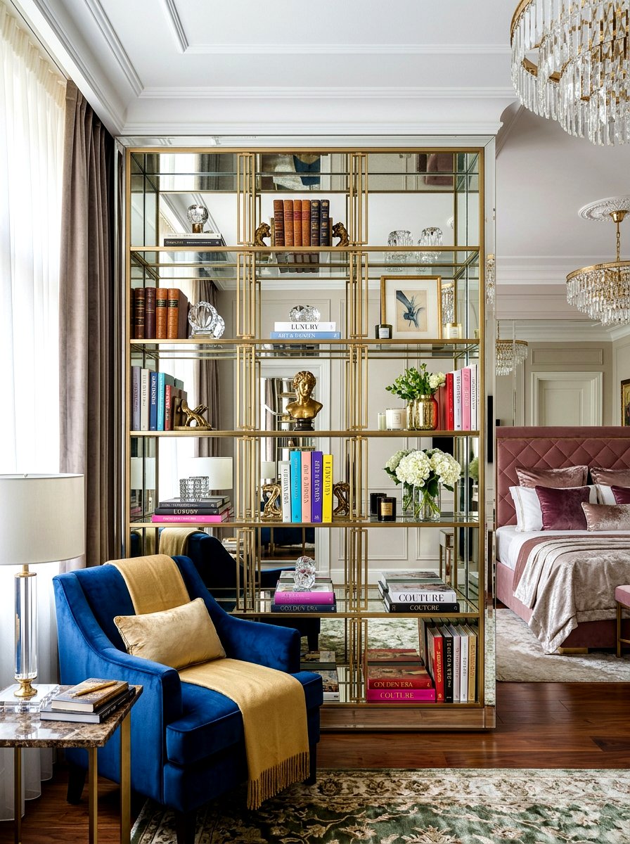 Mirrored Shelf Book Display - 30 book trove bedroom ideas