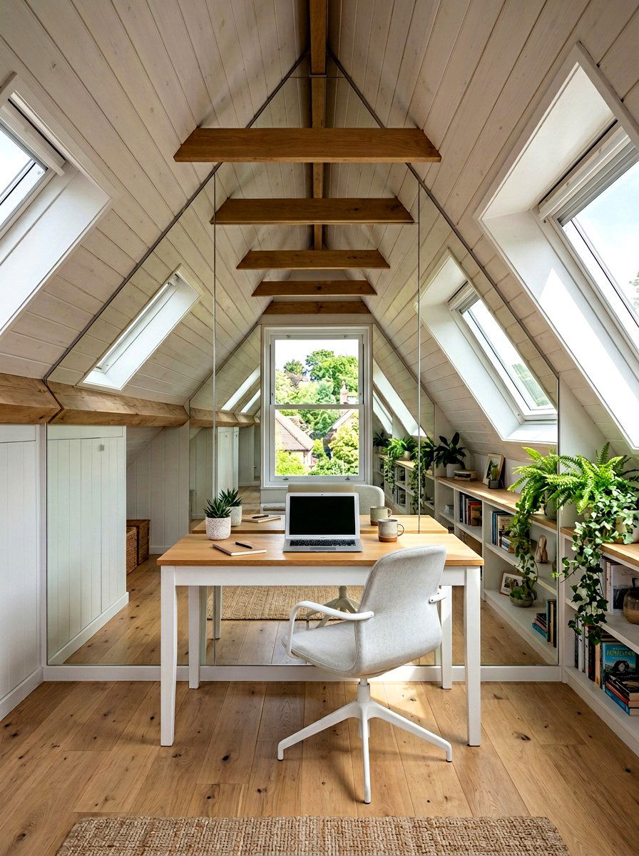 Mirrored Wall Attic Office - 30 sloped ceiling office ideas