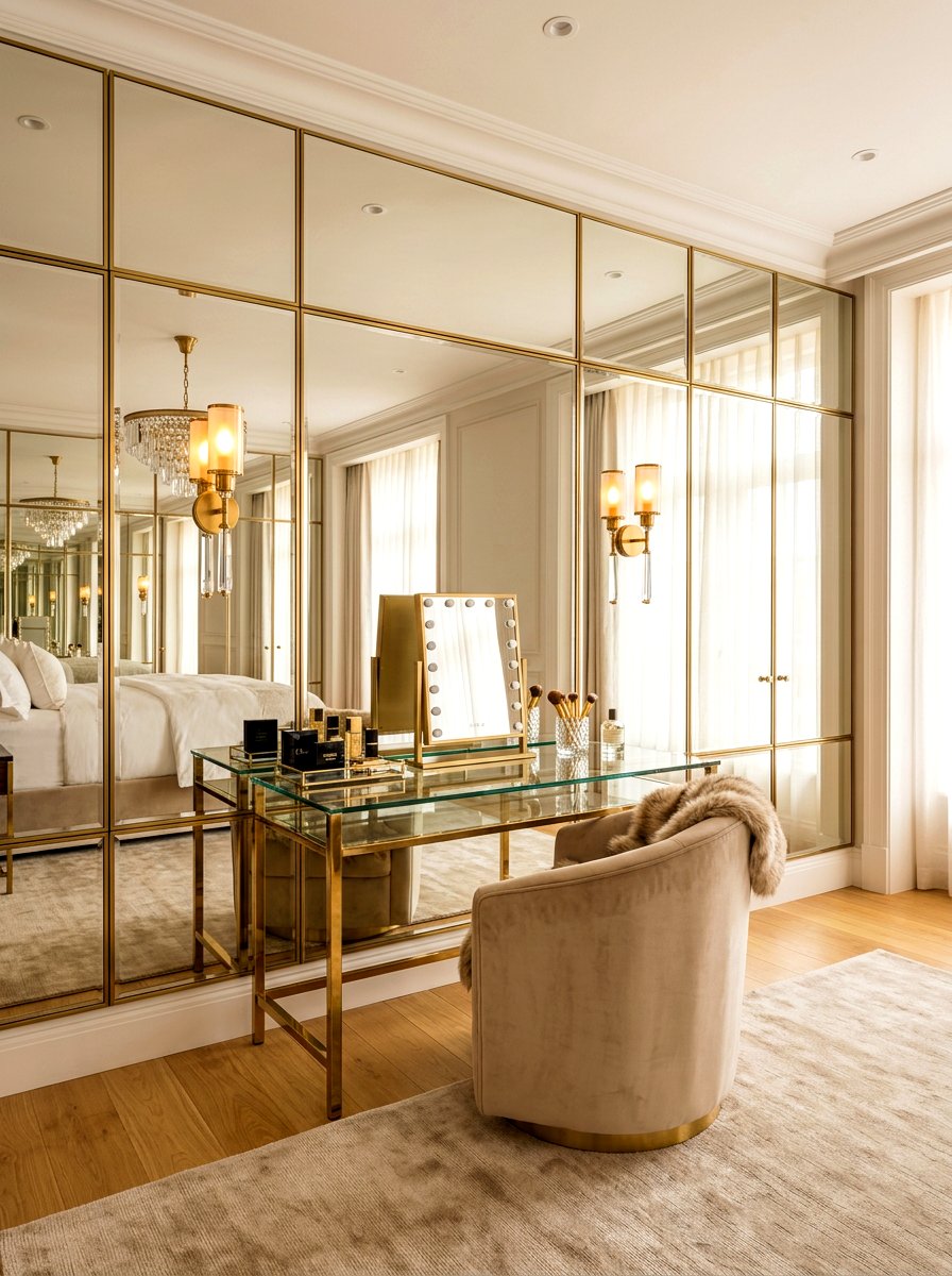 Mirrored Wall Makeup Area - 30 walk in closet vanity ideas