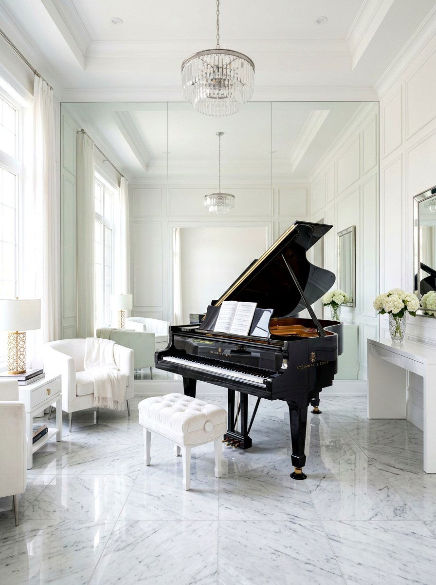Mirrored Wall Piano Space - 30 piano corner ideas